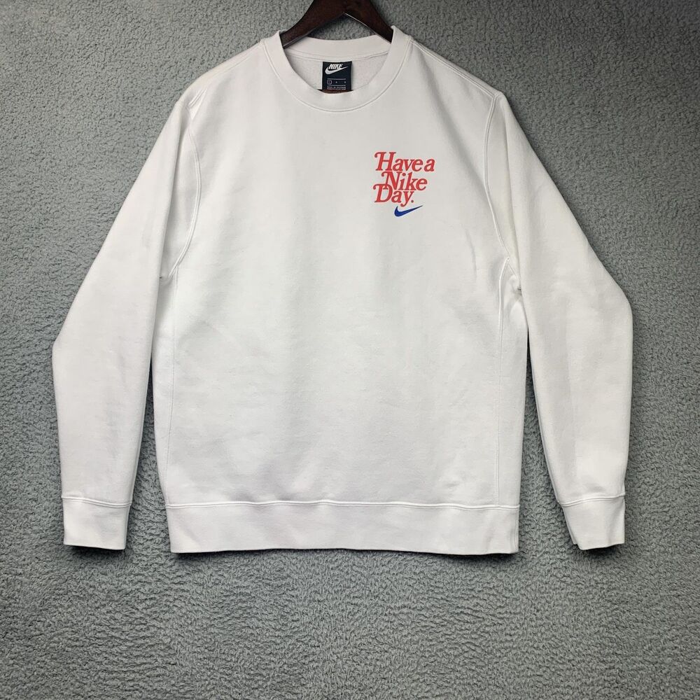 Nike Sweatshirt Mens Large White Have A Nike Day Fleece Crewneck Logo Graphic